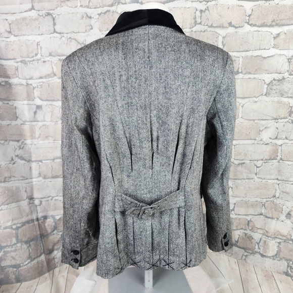 Vintage 80s Wool Preppy Tweed Blazer Velvet Trims Black White Academia Size 16 - Picture 8 of 15